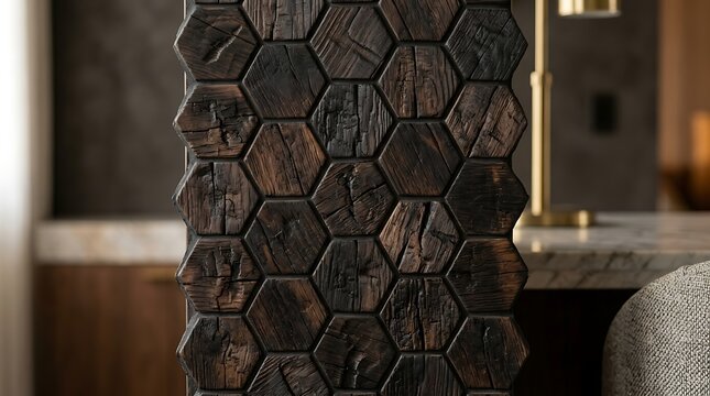 Hexagonal wooden tiles form a textured architectural wall panel that enhances the sophisticated interior design of this modern residential space.