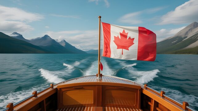 Civic holiday celebration canadian flag waving from boat in mountain lake