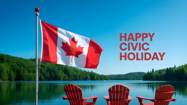 Civic holiday canada lakeside scene with canadian flag and adirondack chairs