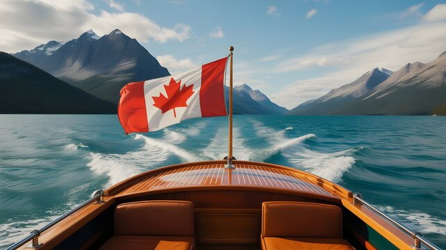 Civic holiday celebration canadian flag on boat in mountain lake