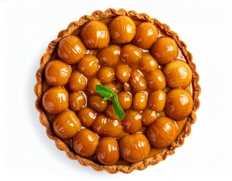 Chestnut and caramel tart top view isolated on white background, patisserie quality