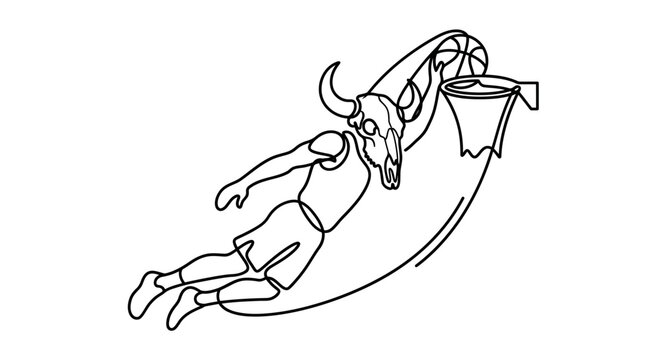Minimalist continuous line drawing of a basketball player with a bison skull head jumping for a slam dunk into a hoop, black vector outline on a white background, surreal sports art.