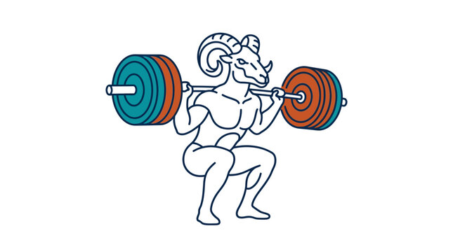 Minimalist vector illustration of a muscular humanoid figure with a ram skull head performing a heavy barbell back squat exercise isolated on a white background.