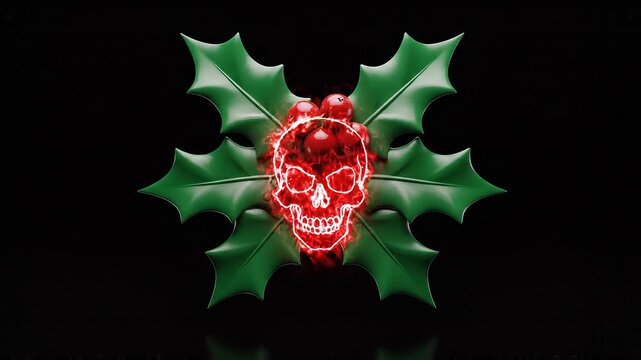 Spooky Christmas Skull with Holly Leaves and Glowing Energy Overlay on a Dark Isolated Black Background