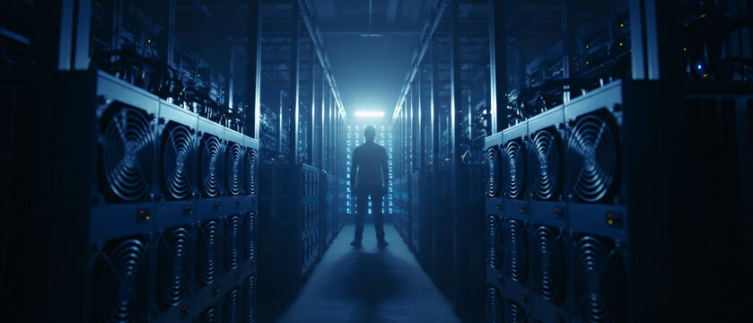 Man silhouetted in server room aisle. Tech professional in dark data center with rows of cooling fans. Cloud computing and blockchain mining concept for cybersecurity marketing.