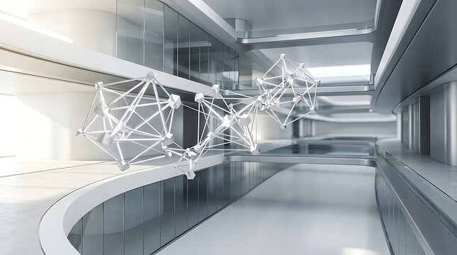 Futuristic architectural interior with floating geometric structures