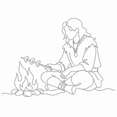 Obraz premium Continuous line drawing of a medieval traveler sitting by a stone campfire roasting food on a wooden skewer, minimalist vector illustration of a camper or fantasy character in nature.