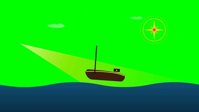 Animated Boat Sailing Across Ocean With Compass Navigation Icon.. 4k SVG Loop Animation