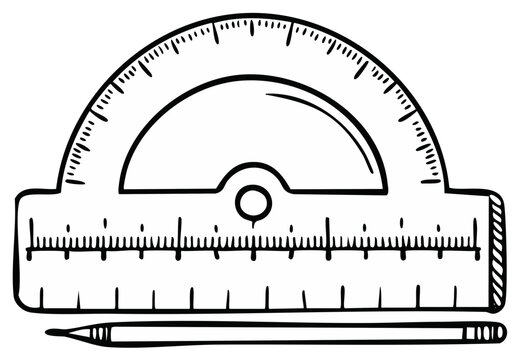 Hand drawn protractor and pencil for measuring angles in geometry or technical drawing