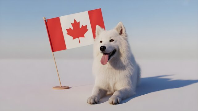 Canada civic holiday samoyed dog with canadian flag patriotic celebration