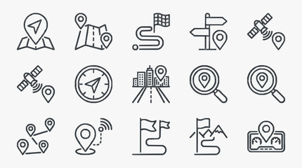 Fototapeta premium Creative Black and White Line Icons Set Featuring Navigation Location and Travel Themed Illustrations