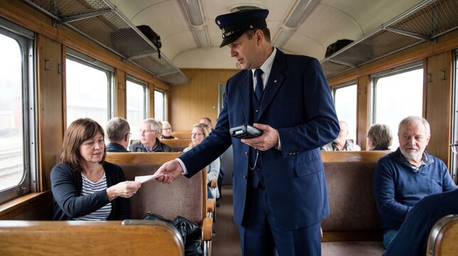 Train conductor checking tickets inside vintage carriage with passengers.