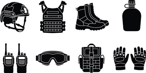Military Tactical Gear Vector Icon Set Featuring Combat Helmet Body Armor Backpack Boots Goggles and Field Equipment © Sirajul
