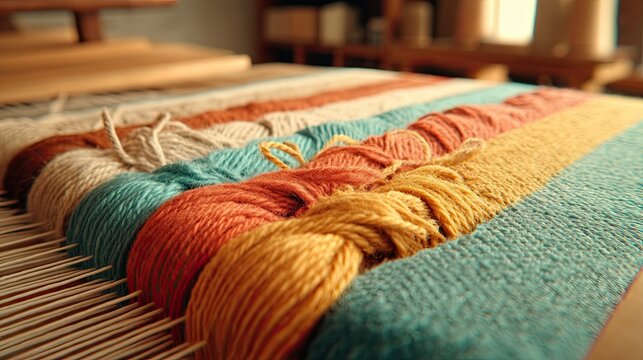 Sunlit Handwoven Fabric Colorful Threads on Loom in Artisan Textile Workshop Setting Northeast Thailand Textile Village Weaving Scene