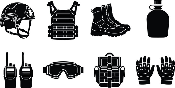Military Tactical Gear Vector Icon Set Featuring Combat Helmet Body Armor Backpack Boots Goggles and Field Equipment