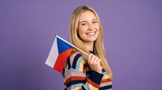 Happy young woman with flag of Czech republic on purple background