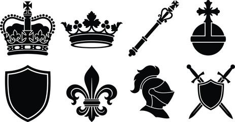 Medieval Heraldic Symbols Vector Set Featuring Crowns Shields Knight Helmet Swords Scepter Fleur de Lis and Royal Emblems © Sirajul