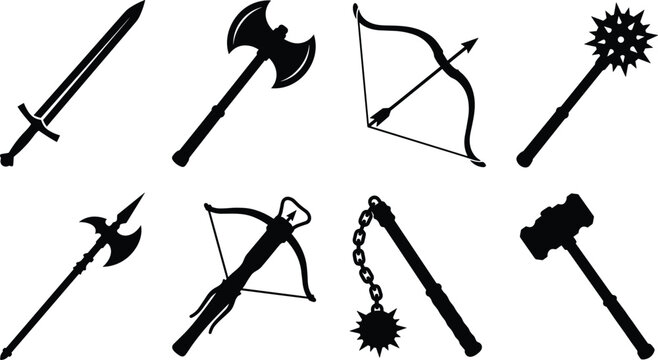Medieval Fantasy Weapons Silhouette Icon Set Featuring Sword Battle Axe Bow Arrow Mace Hammer and Polearm Collection
