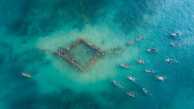 Aerial view of a diamond shape bamboo fish trap in shallow ocean waters with many small boats.
