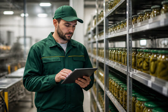A man in a green uniform checks a tablet in a warehouse aisle filled with jars.