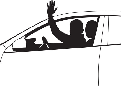 Silhouette of a person inside a car waving from the window