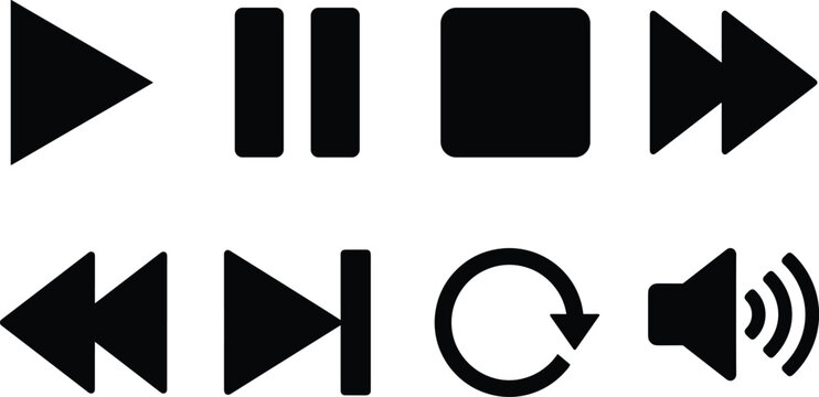 Media player button icons set featuring play pause stop fast forward rewind next track repeat and volume speaker controls