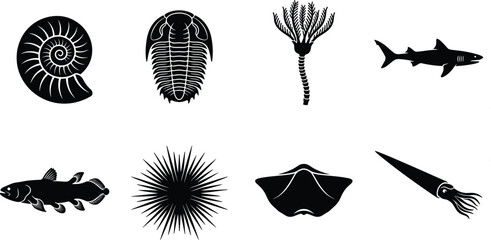 Marine Life and Prehistoric Sea Creatures Silhouette Icon Set Featuring Trilobite Ammonite Shark Stingray Squid and Fossils © Sirajul