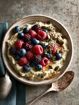 Oatmeal bowl topped with fresh berries and seeds for healthy breakfast
