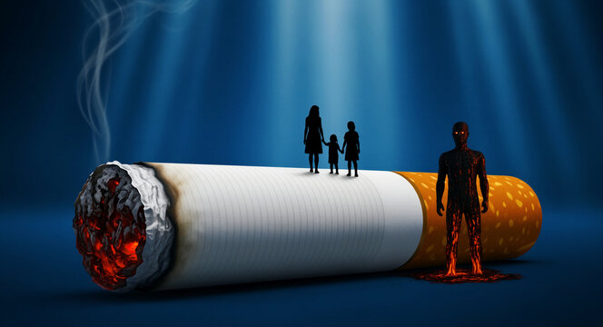 Silhouette family on a giant lit cigarette with a charred figure nearby. Surreal imagery depicting lethal secondhand smoke effects. Anti-tobacco campaign concept for public health awareness.