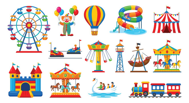 Amusement park rides and attractions a colorful vector illustration on a white background carnival fairground ferris