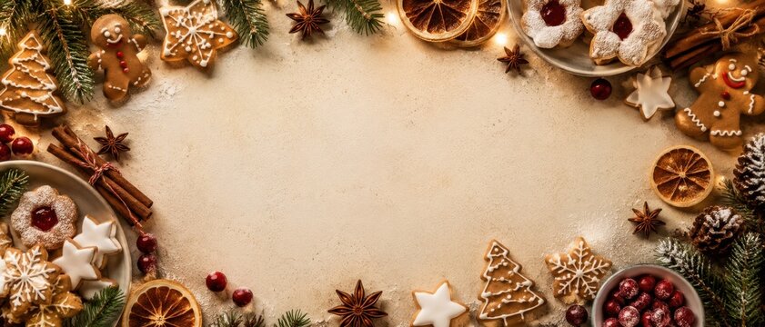 Festive Christmas bakery layout with cookies and decorations on table