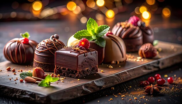 Delicious chocolate desserts with berries.