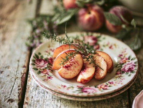 Fresh peach slices arranged on a vintage floral plate with herbs