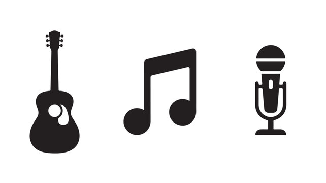 Black icons of guitar, eighth note and microphone on white background for music concepts and design