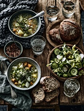 Fresh vegetable and grain bowls served on rustic wooden table