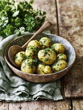 Freshly cooked potatoes garnished with herbs in rustic bowl