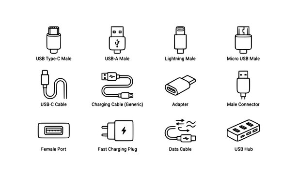 USB cable and charger connector outline icon pack black vector