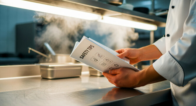 Chef reads safety manual in commercial kitchen. Staff reviews health protocols near steaming equipment. Restaurant compliance training concept for hospitality management.