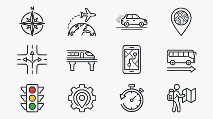 Fototapeta premium Creative Black and White Line Icons Set Featuring Navigation Transportation and Travel Concepts
