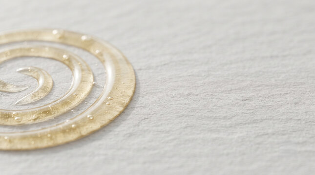 Golden transparent cosmetic gel or serum swirl texture with bubbles on a grey stone background