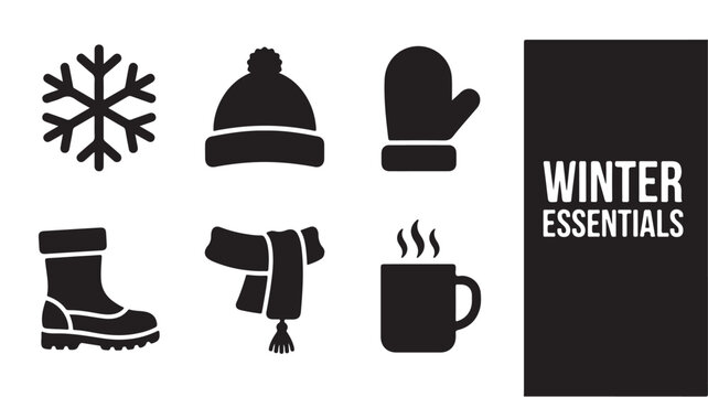 Black winter essentials icon set with hat, scarf, boots, mug, snowflake and mittens on white background