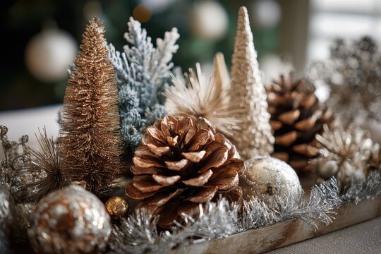 Festive pinecones and frosted trees with baubles during soft holiday bokeh background