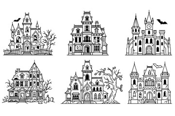 Obraz premium Gothic Mansions Collection: A set of six detailed line drawings depicting a variety of gothic and haunted mansion styles, complete with spooky elements like bats and bare trees.