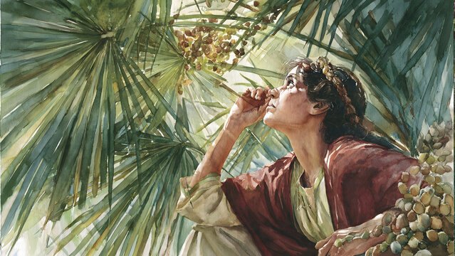 A Glimpse of Harvest Bounty: A young woman, adorned with a floral wreath, gazes upwards towards ripe fruit dangling from palm fronds, symbolizing abundance and the culmination of effort.
