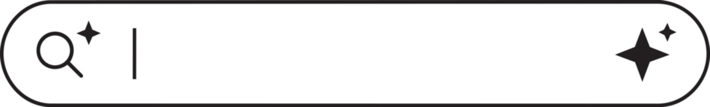 Minimalist search bar interface design featuring a rounded rectangle with a magnifying glass icon and decorative sparkling star graphic elements