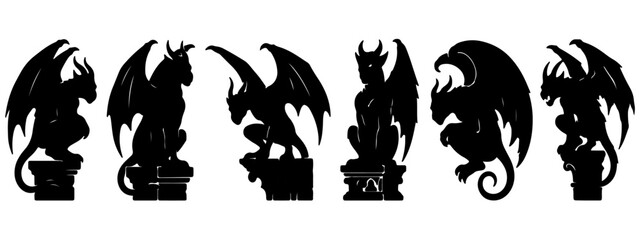 Fototapeta premium Gothic Gargoyle Silhouettes: A collection of seven imposing gothic gargoyle silhouettes, each uniquely designed with wings, horns, and menacing poses, stand as guardians of an ancient facade.