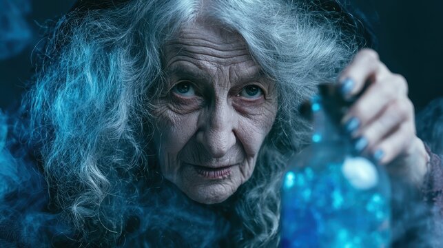 Mysterious elderly woman with flowing gray hair holding a glowing blue potion bottle