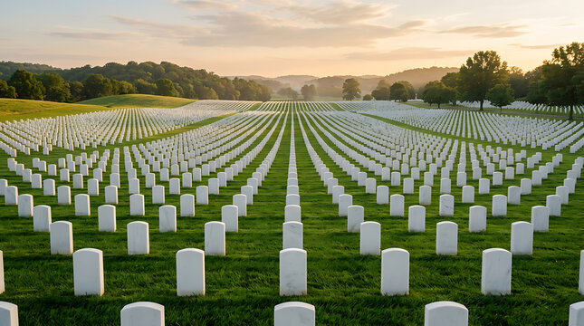 Rows of white marble headstones at a military cemetery at sunrise