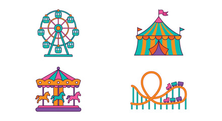 Amusement park rides including a ferris wheel carousel tent and roller coaster in a colorful vector illustration © Sagor