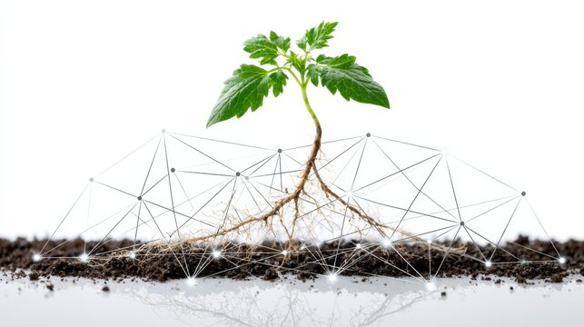 A small plant grows from soil with visible roots intertwined with a network of glowing nodes and lines, symbolizing growth and connection